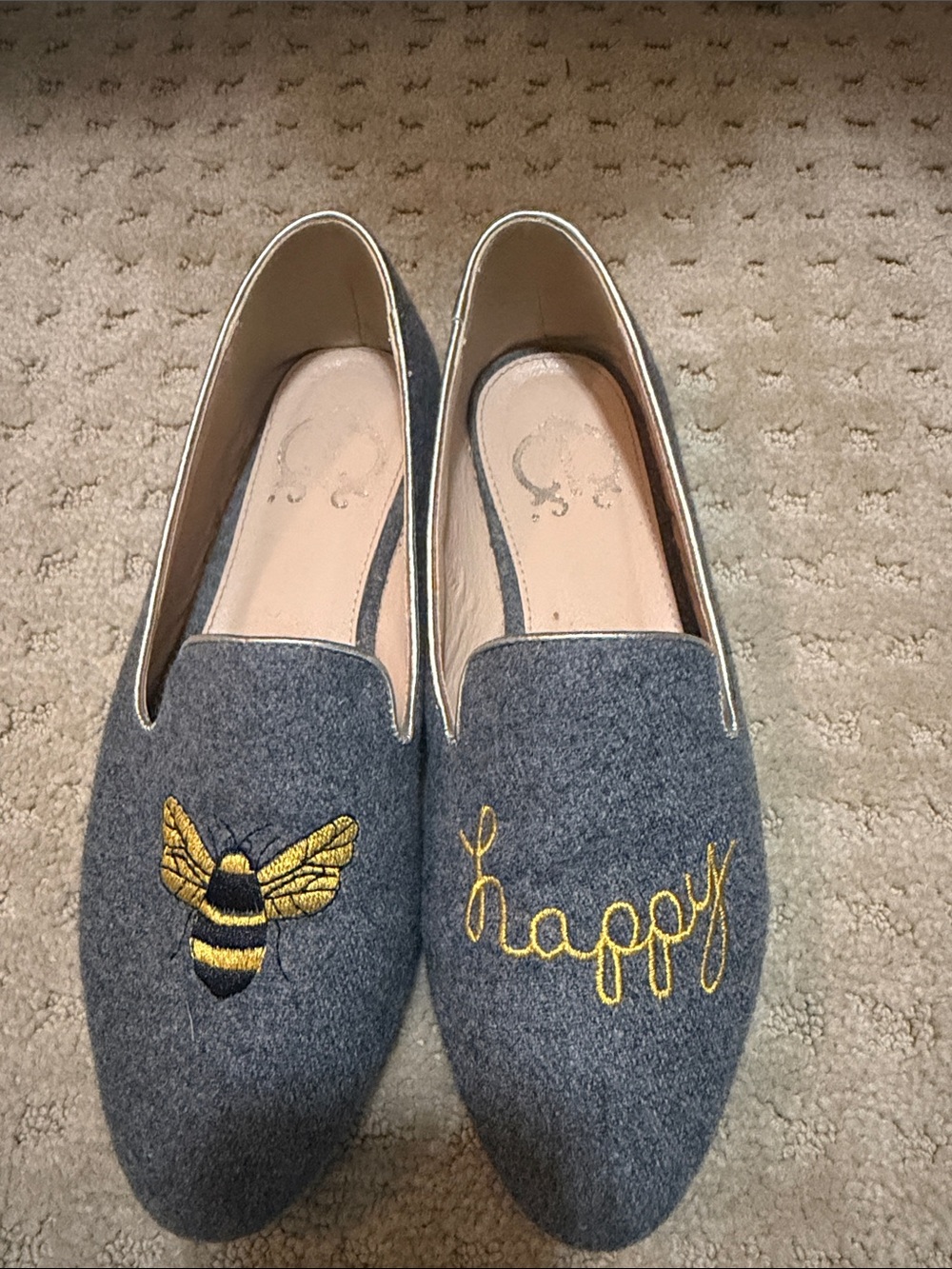 C. Wonder Gray Felt Loafers with Yellow Bee Embroidery